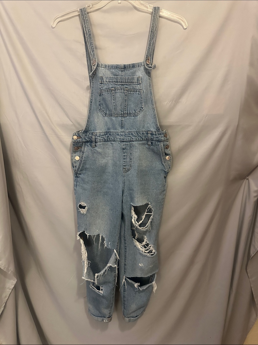 Forever 21 Light Blue Distressed Denim Overalls